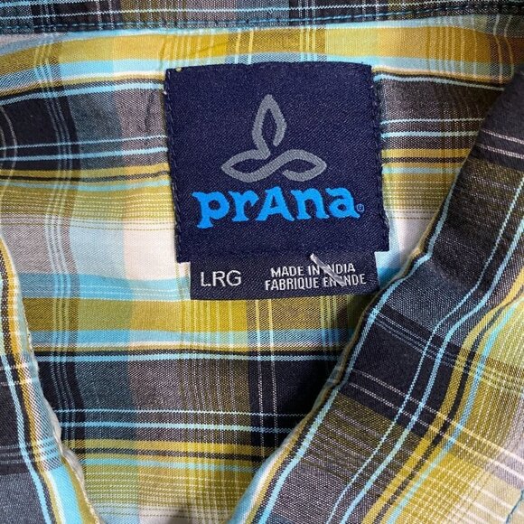 Prana Mens Shirt L Green Plaid Pearl Snap Short Sleeve - Picture 2 of 6